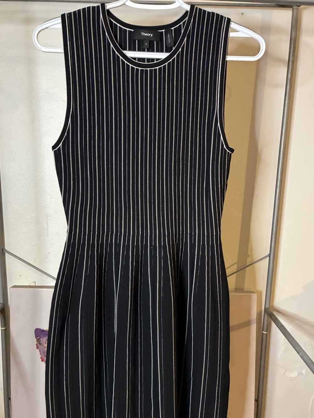 Theory Black Dress with White Pinstripes — Sleeveless Fit-and-Flare
